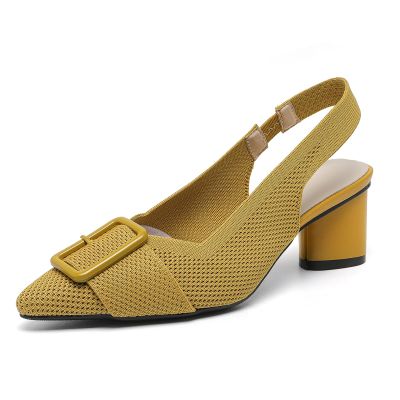 Women's Knitted Elastic Strap Slingback Chunky Heels Pumps Comfortable Breathe Closed Pointed Toe mid Block Heel Sandals Casual Party Dress Work Office Heels (5,Yellow)