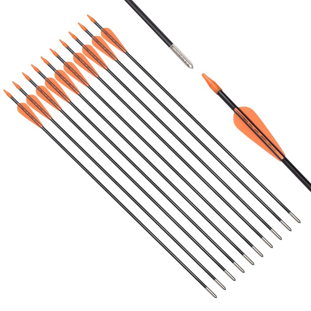 Fiberglass Arrows Black Spots with Orange Plastic Vanes with Long Bullet Shape Tips for Practice Archery Hunting fit for Recurve Bow or Compound Bow 28 inch 12PCS