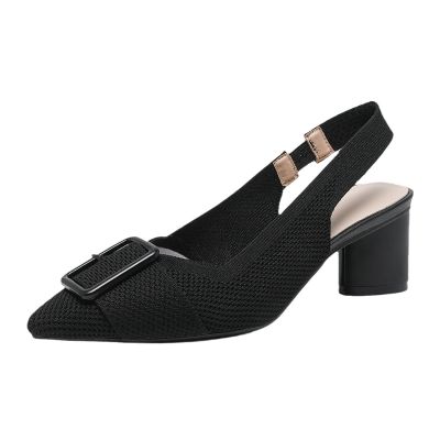 Women's Knitted Elastic Strap Slingback Chunky Heels Pumps Comfortable Breathe Closed Pointed Toe mid Block Heel Sandals Casual Party Dress Work Office Heels (5,Black)