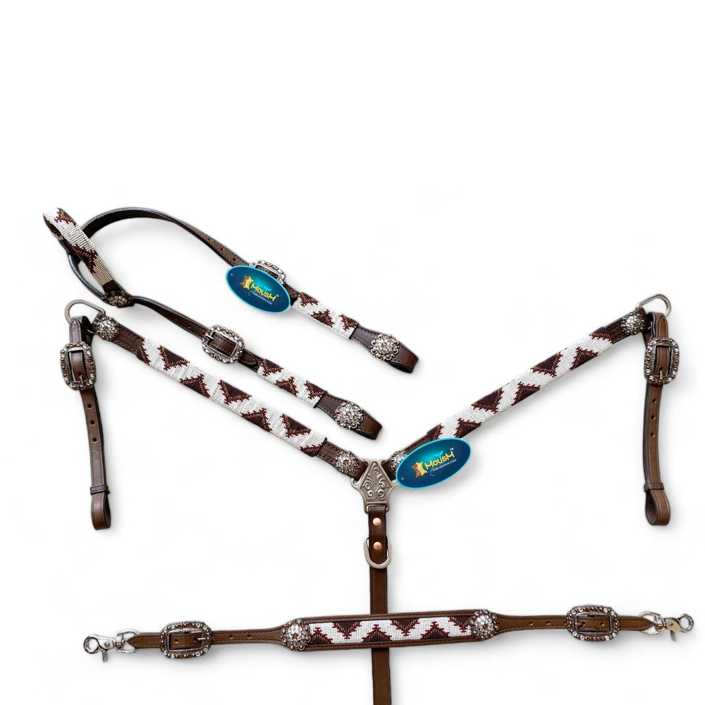 MOUSM Western Style Leather Headstall and Breast Collar with Wither Strap Tack Set for The Horse