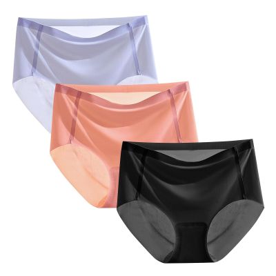HEJIGOOD 3 Pack Womens Briefs Underwear No Show Seamless Mid Waisted Hipster Ice Silk Stretchy Soft Ladies Panties M-XXL (Blue/Red/Black,Medium)