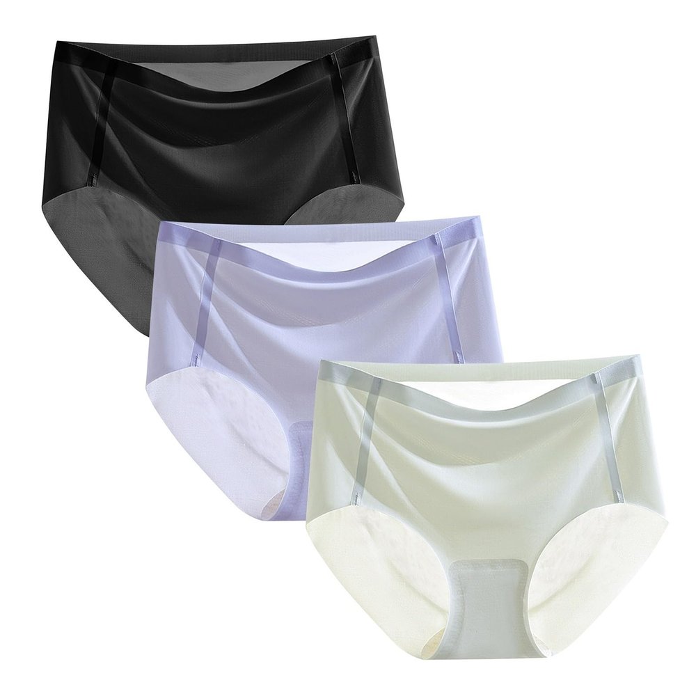 HEJIGOOD 3 Pack Womens Briefs Underwear Seamless No Show Mid Waisted Invisable Hipster Panties Ice Silk Soft Stretch M-XXL (Green/Blue/Black,Large)