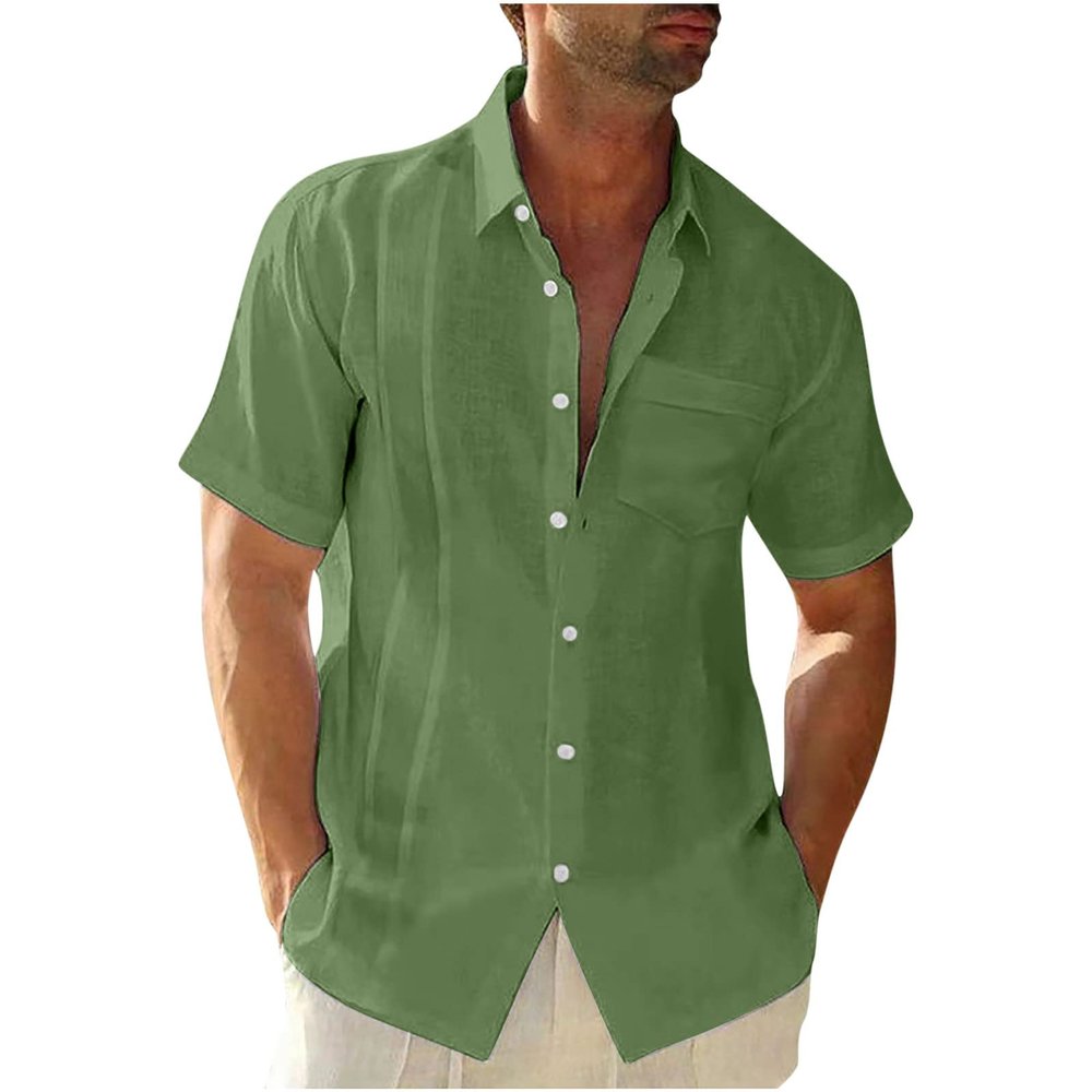 Mens Short Sleeve Button Down Shirts Summer Causal Solid Cotton Linen Shirt Loose Fit Gym Workout Tee Tops 2024 Mens Graphic tees Green L