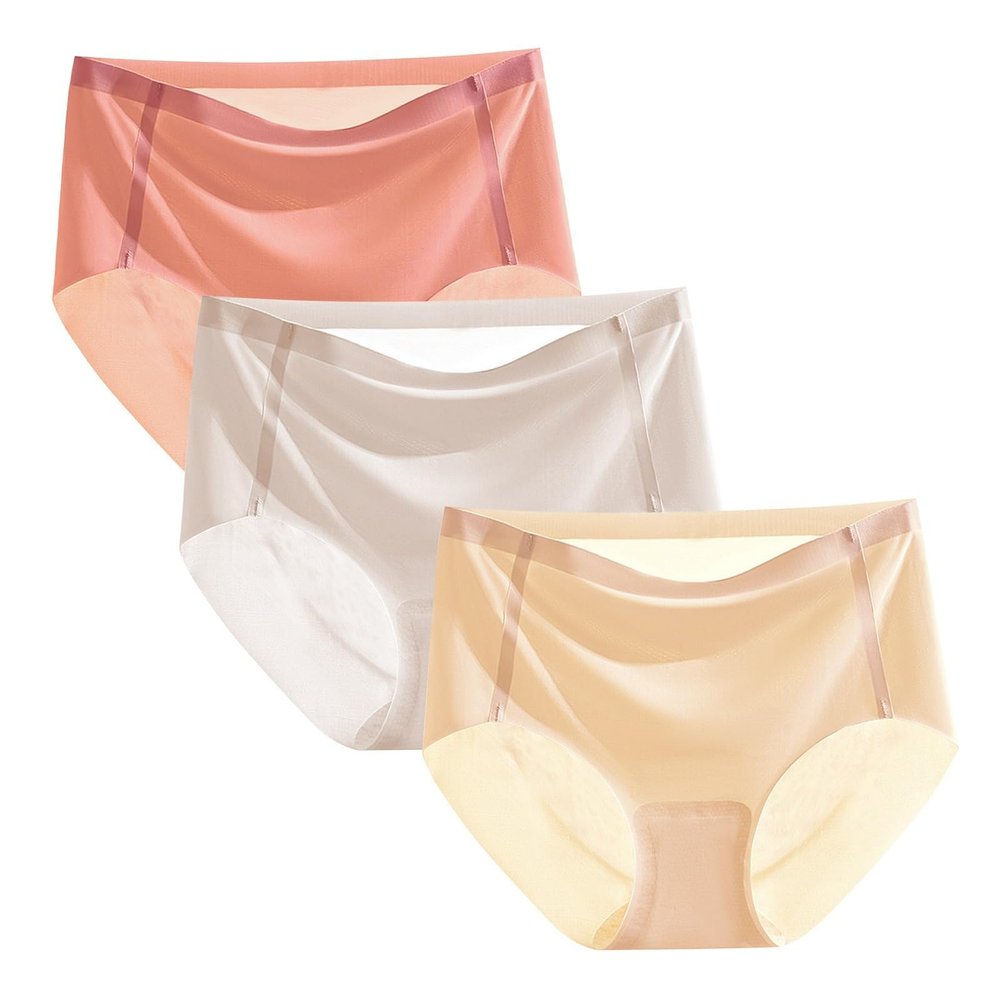 HEJIGOOD 3 Pack Womens Briefs Underwear Seamless No Show Mid Waisted Invisable Hipster Ice Silk Soft Stretchy Panties M-XXL (Red/Grey/Skin,XX-Large)
