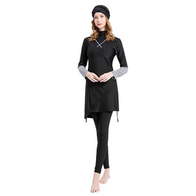Women Modest Muslim Swimsuits Islamic Arabic Swimwear Burkini Tankini Sets Womens Long Sleeve Top Pants with Hijab Swim Cap Wetsuit 3 Piece Rashguard Surfing Beachwear Bathing Suits Black Gray S