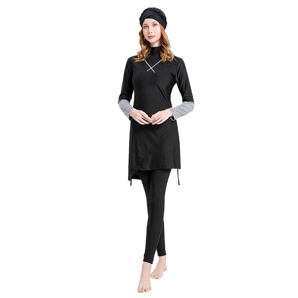 Women Modest Muslim Swimsuits Islamic Arabic Swimwear Burkini Tankini Sets Womens Long Sleeve Top Pants with Hijab Swim Cap Wetsuit 3 Piece Rashguard Surfing Beachwear Bathing Suits Black Gray S