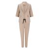 NineFit Basics Women's 2 Piece Business Casual Office Work Suit Set Long Sleeve Open Front Shawl Collar Blazers Jacket Drawstring Straight Leg Lounge Dress Pants Trousers Work Wear Set, Medium view 2