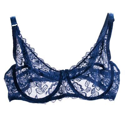 Akklian Womens Sexy Lace Bra Mesh Exquisite Embroidery Sheer Balconette See-Through Bralette Unlined Underwire Bra S-XL Navy, Medium