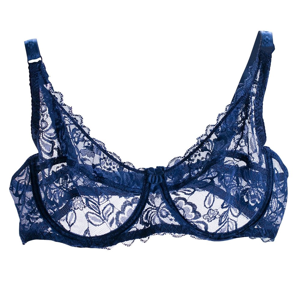 Akklian Womens Sexy Lace Bra Mesh Exquisite Embroidery Sheer Balconette See-Through Bralette Unlined Underwire Bra S-XL Navy, Medium