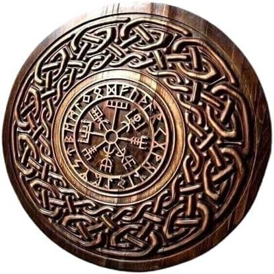 AHM HANDICRAFT Channel Your Inner Warrior: Unleash the Battle-Ready Spirit with Our Viking Shield - A Handcarved Wooden Masterpiece for Authentic Reenactments 24'', brown