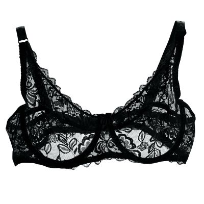 Akklian Womens Sexy Lace Bra Mesh Exquisite Embroidery Sheer Balconette See-Through Bralette Unlined Underwire Bra S-XL, X-Large Black