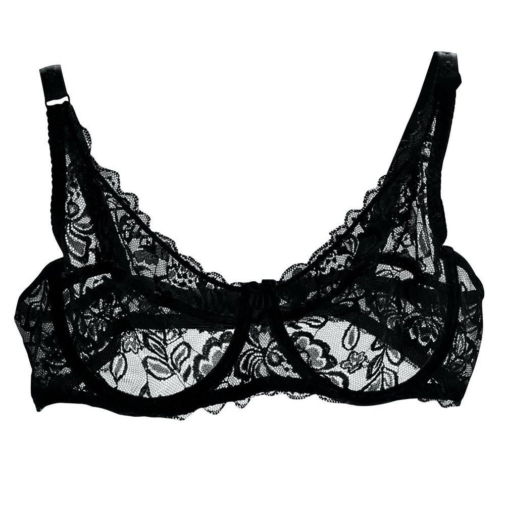Akklian Womens Sexy Lace Bra Mesh Exquisite Embroidery Sheer Balconette See-Through Bralette Unlined Underwire Bra S-XL, X-Large Black