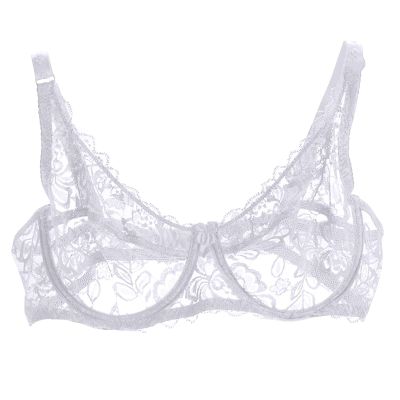 Akklian Womens Sexy Lace Bra Mesh Exquisite Embroidery Sheer Balconette See-Through Bralette Unlined Underwire Bra S-XL, Large White