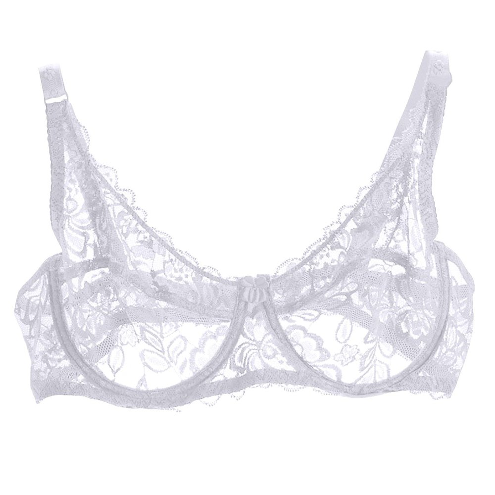 Akklian Womens Sexy Lace Bra Mesh Exquisite Embroidery Sheer Balconette See-Through Bralette Unlined Underwire Bra S-XL, Large White