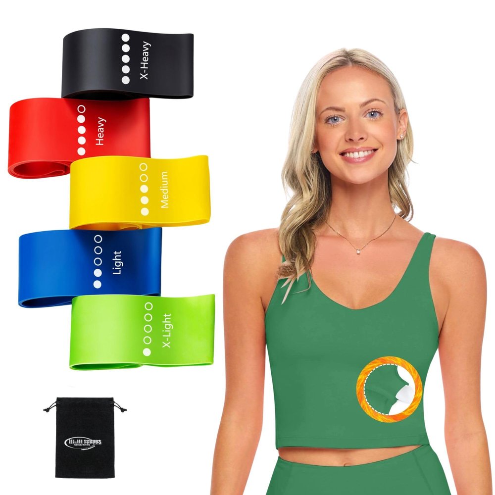 M&M SCRUBS Womens Yoga Top Longline Wirefree Padded Medium Support Sports Bra with 5 Set of Exercise Workout Bands Combo Pack (Medium, True Hunter Green with Resistance Bands)