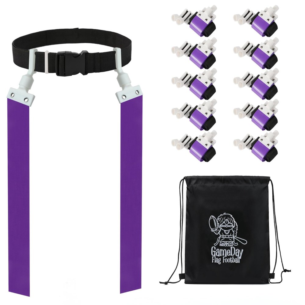 Gameday- Flag Football Set-Complete (10 Player) Flag Belts and Flags Set, (4 Pcs) Agility Cones w/Carry bag (Purple)