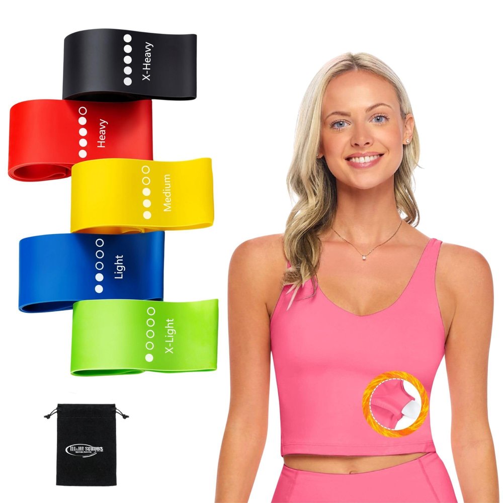 M&M SCRUBS Womens Yoga Top Longline Wirefree Padded Medium Support Sports Bra with 5 Set of Exercise Workout Bands Combo Pack (Large, Neon Pink with Resistance Bands)