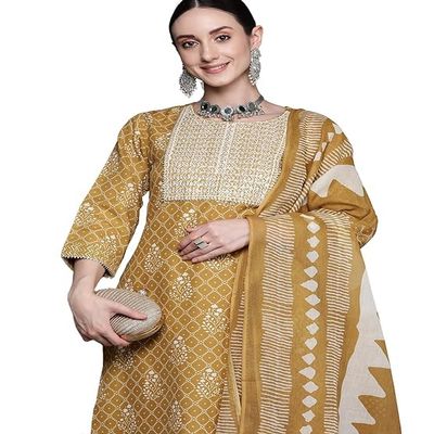 NineFit Basics Women's Polyester Printed Straight Kurta Pant with Dupatta, Colour - Mustard, Size - Medium