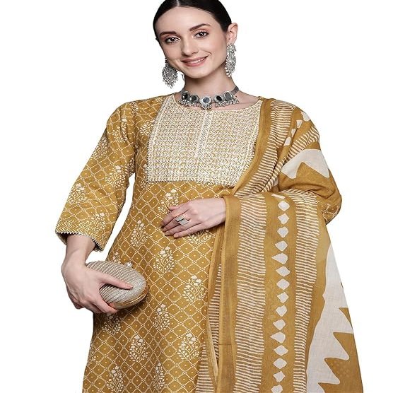 NineFit Basics Women's Polyester Printed Straight Kurta Pant with Dupatta, Colour - Mustard, Size - Medium
