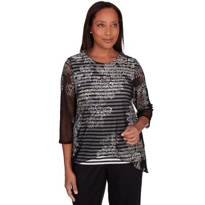 Alfred Dunner Women's Opposites Attract Floral Mesh Stripe Top (US, Alpha, X-Large, Regular, Petite, Petite, Multi)