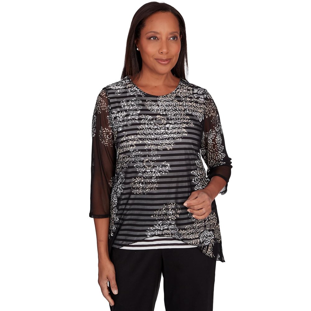 Alfred Dunner Women's Opposites Attract Floral Mesh Stripe Top (US, Alpha, X-Large, Regular, Petite, Petite, Multi)