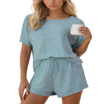 CUPSHE Women's Pajama Sets Short Sleeve Sleepwear Casual Loungewear 2 Piece Pj Shorts Set Light Blue, XL