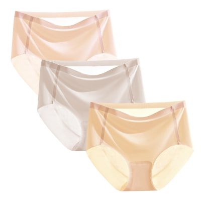 HEJIGOOD 3 Pack Womens Briefs Underwear No Show Seamless Mid Waisted Invisable Hipster Ice Silk Stretchy Soft Panties M-XXL (Pink/Grey/Skin,Large)