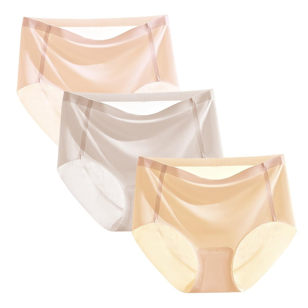 HEJIGOOD 3 Pack Womens Briefs Underwear No Show Seamless Mid Waisted Invisable Hipster Ice Silk Stretchy Soft Panties M-XXL (Pink/Grey/Skin,Large)