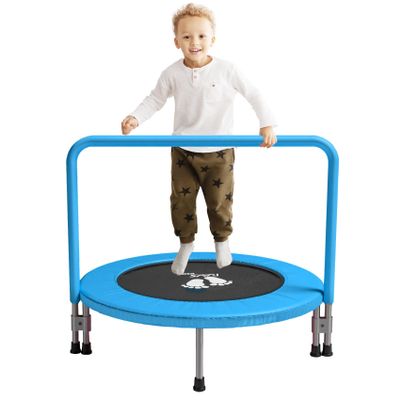 RAVS 36 inch Indoor Kids Trampoline for Toddler Updated Full Foam Covered Handle Foldable Small Rebounder Garden Outdoor Easy Quick Setup Inside Jumping Playset Blue