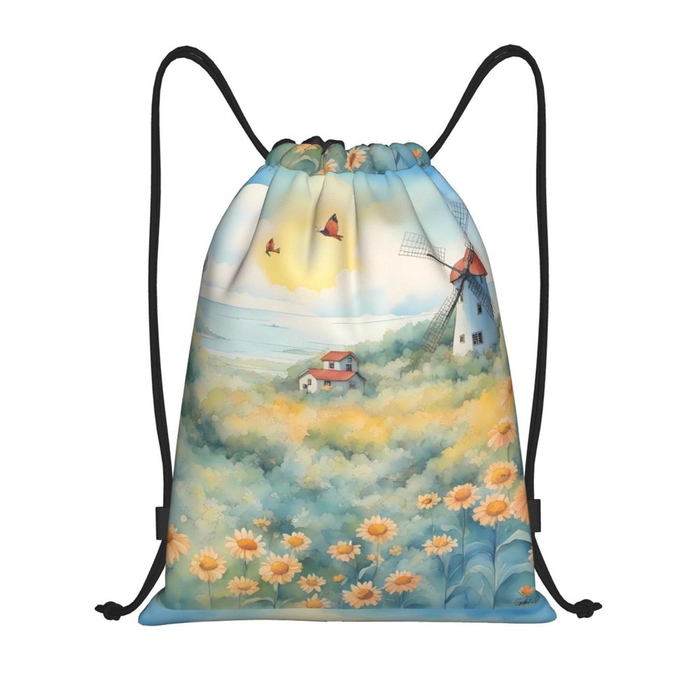 MYGANN Windmill In The Sea Of Flowers Large Capacity Lightweight Waterproof Drawstring Bag For Outdoor Sports Fitness Yoga Traveling, Small, Black