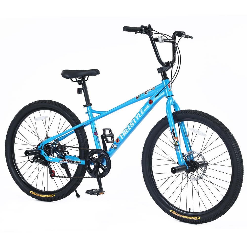 BALINGEUS Stock 26 Inch BMX Style Mountain Bike,MTB 7 Speeds Bicycle,Dual Disc Brake Bicycles City Bike,Height-Adjustable Leather Saddle,Blue