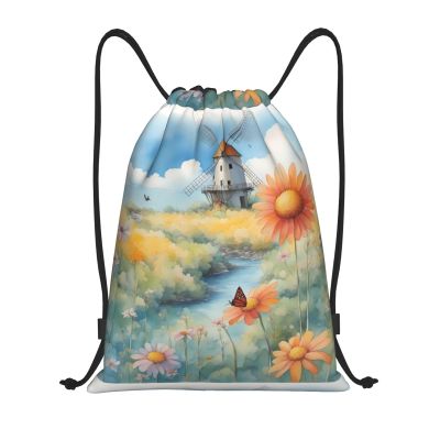 MYGANN Windmill In The Distance Large Capacity Lightweight Waterproof Drawstring Bag For Outdoor Sports Fitness Yoga Traveling