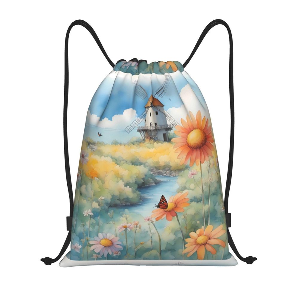 MYGANN Windmill In The Distance Large Capacity Lightweight Waterproof Drawstring Bag For Outdoor Sports Fitness Yoga Traveling