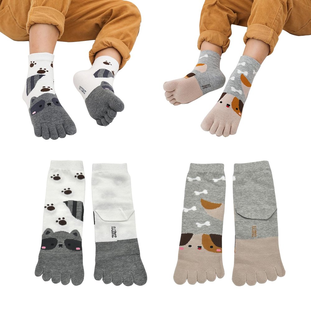 Pursuestar 2 Pairs Five Finger Toe Socks Athletic Running Casual Cartoon Animal Split Socks for Kids Girls Boys 3-12 Years