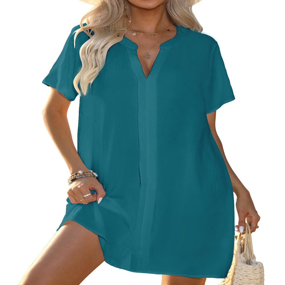 Halife Women's Swimwear Cover Ups Short Sleeve Beach Cover Ups Cute V Neck Coverup Dress for Bathing Suits Teal Blue S