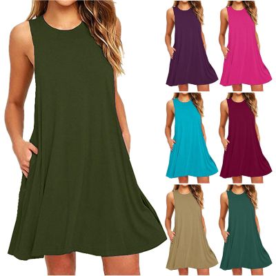 NaRHbrg Summer Dresses for Women Casual Tshirt Sundress Boho Tank Dress Casual Sleeveless Swing Cover Up Dress with Pockets