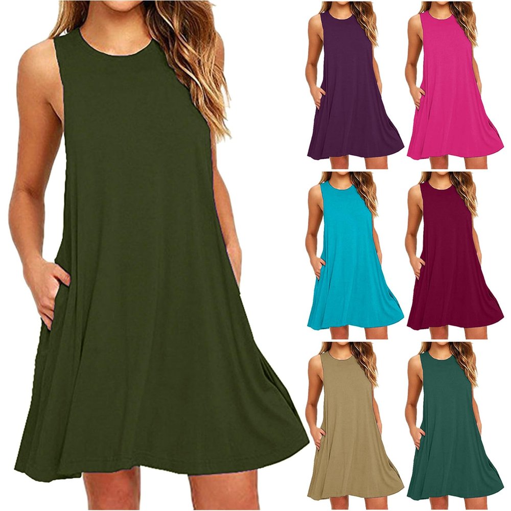 NaRHbrg Summer Dresses for Women Casual Tshirt Sundress Boho Tank Dress Casual Sleeveless Swing Cover Up Dress with Pockets