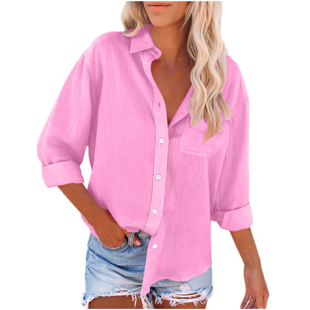 Linen Shirts for Women with Pockets Long Sleeve Button Down Shirt Blouse Loose Fit Vacation Beach Work Tops Clothes