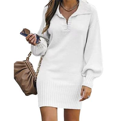 Women V Neck Knit Mini Sweater Dresses Casual Long Sleeve Loose Fit Solid Color Ribbed Hem Pullover Jumper Sweater (Small,White)