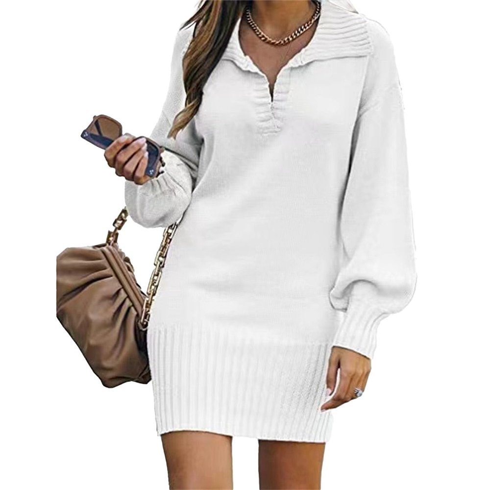 Women V Neck Knit Mini Sweater Dresses Casual Long Sleeve Loose Fit Solid Color Ribbed Hem Pullover Jumper Sweater (Small,White)