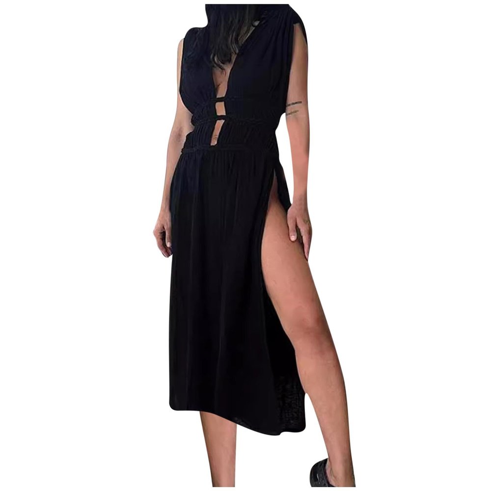 HGps8w Women's Deep V Neck Ruffle Sleeve Button Down Maxi Dresses Elastic Tie Waist Plain Beach Swimwear Coverup