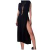 HGps8w Women's Deep V Neck Ruffle Sleeve Button Down Maxi Dresses Elastic Tie Waist Plain Beach Swimwear Coverup view 1