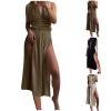 HGps8w Women's Deep V Neck Ruffle Sleeve Button Down Maxi Dresses Elastic Tie Waist Plain Beach Swimwear Coverup view 2
