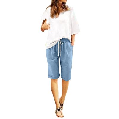 Askedwayu Women Summer Cotton Pants Plus Size High Waist Shorts Lacing Beach Workout Pocket Cropped Pants Sport Shorts Women F-Light Blue, M