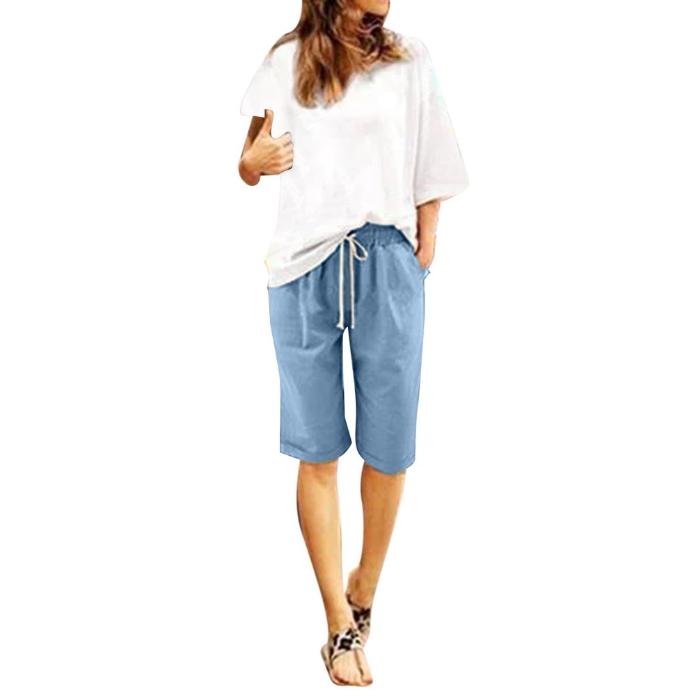 Askedwayu Women Summer Cotton Pants Plus Size High Waist Shorts Lacing Beach Workout Pocket Cropped Pants Sport Shorts Women F-Light Blue, M