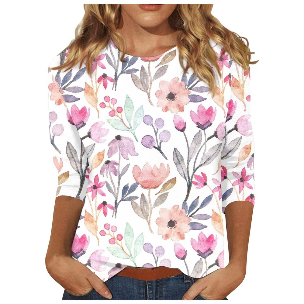 3/4 Length Sleeve Plus Size Blouse for Curvy Women - Elbow Sleeve Tee Summer Shirt Spring Top 2024 Trendy Watermelon Red S
