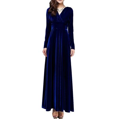 Womens Elegant Velvet Maxi Dress Trendy Gold Velvet V-Neck Long Sleeve Dresses Tunic Prom Floor-Length Long Dress (3X-Large,Blue)
