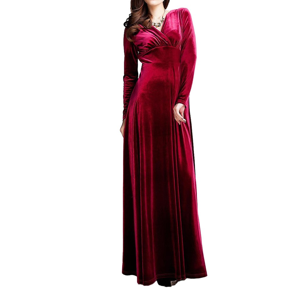 Womens Elegant Velvet Maxi Dress Trendy Gold Velvet V-Neck Long Sleeve Dresses Tunic Prom Floor-Length Long Dress (3X-Large,Red)