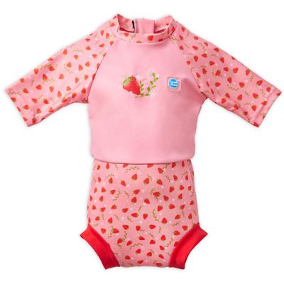 Splash About Happy Nappy Sunsuit, Swimsuit for Babies & Toddlers with Built-in Swim Diaper (Strawberry Field, 12-24 Months)