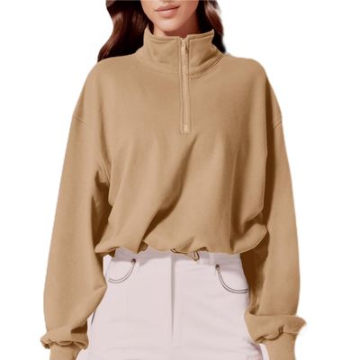 FKAEZZFR Zipper loose cropped sweatshirt solid color long sleeve snap buckle sports sweatshirt Khaki